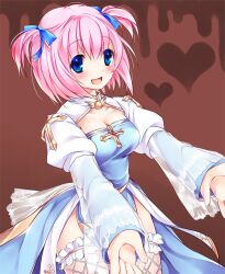  arch_bishop_(ragnarok_online) bad_id bad_pixiv_id blue_eyes blush breasts commentary_request female fishnet_thighhighs fishnets frilled_thighhighs frills heart looking_at_viewer medium_breasts open_mouth outstretched_arms pink_hair ragnarok_online short_hair short_twintails smile solo sorai_shin&#039;ya thighhighs twintails 