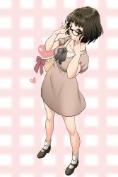  adjusting_eyewear bob_cut brown_eyes brown_hair commentary_request dress female glasses heart musha_sabu open_mouth original photoshop_(medium) short_hair solo 