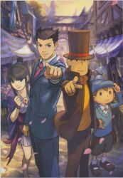  3boys black_hair brown_hair cover crossover female formal gyakuten_saiban hat hershel_layton jewelry long_hair luke_triton magatama magatama_necklace market maya_fey multiple_boys naruhodou_ryuuichi necklace necktie nuri_kazuya official_art pointing professor_layton professor_layton_vs._phoenix_wright:_ace_attorney short_hair smile top_hat video_game_cover 