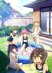  5girls :d arm_support bad_id bad_pixiv_id bare_legs bare_shoulders barefoot blonde_hair blue_eyes blue_hair blush brown_eyes brown_hair collarbone commentary_request d: day feet flat_chest green_hair hair_bobbles hair_ornament hairclip highres hose inato_serere kneeling leaning_forward long_hair looking_at_viewer looking_back multiple_girls old_school_swimsuit one-piece_swimsuit open_mouth original pink_hair ponytail purple_eyes school_swimsuit short_hair side_ponytail sitting smile swimsuit thick_eyebrows tree twintails wading_pool wariza water white_one-piece_swimsuit yellow_eyes 