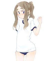  blue_buruma blue_eyes blush brown_hair buruma chibikko_(morihito) commentary_request female gym_uniform morihito original ponytail sidelocks simple_background solo thick_eyebrows 