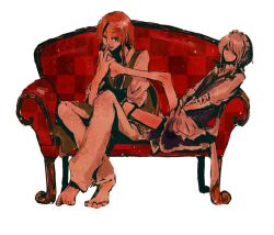  2girls bad_link barefoot braid couch feet foot_worship holding holding_another&#039;s_foot hong_meiling izayoi_sakuya kurau_kii licking licking_foot long_hair maid maid_headdress multiple_girls no_headwear red_theme short_hair sitting toes tongue touhou twin_braids yuri 