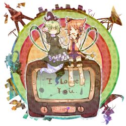  2girls bad_id bad_pixiv_id blush boots brown_eyes brown_hair crt dial_television dress earmuffs eiffel_tower english_text futatsuiwa_mamizou ghost green_dress green_eyes green_hair hat heart heart_of_string highres itomugi-kun kaku_seiga miyako_yoshika mononobe_no_futo multiple_girls outside_border round_image shirt short_hair silhouette skirt sleeveless sleeveless_shirt smile soga_no_tojiko string string_phone tate_eboshi television touhou toyosatomimi_no_miko transmission_tower 