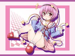  aru_ra_une bare_legs blush bobby_socks border checkered_background commentary_request eyeball female hairband heart highres komeiji_satori open_mouth outside_border photoshop_(medium) pink_eyes pink_hair red_eyes shirt short_hair sitting skirt socks solo third_eye touhou upskirt 