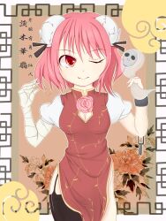  ashino bad_id bad_pixiv_id bandages black_thighhighs bow breasts bun_cover chains chinese_clothes cuffs double_bun female floral_background flower garter_straps hair_bun highres ibaraki_kasen medium_breasts pink_eyes pink_flower pink_hair pink_rose rose shackles short_hair smile solo thighhighs touhou 