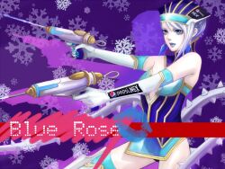  bare_shoulders blue_eyes blue_hair blue_rose breasts character_name cleavage commentary crystal_earrings dual_wielding earrings elbow_gloves female gloves gun holding jewelry karina_lyle lipstick makeup medium_breasts melody_mi1112 pepsi_nex product_placement short_hair snowflakes solo superhero_costume thighhighs tiger_&amp;_bunny weapon 