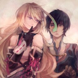  1boy black_hair blonde_hair brown_eyes choker commentary_request elbow_gloves female gloves gradient_hair green_hair jude_mathis long_hair milla_maxwell multicolored_hair red_eyes strapless streaked_hair tales_of_(series) tales_of_xillia tube_top xxnicol 