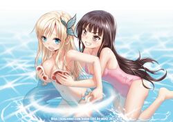  2girls bikini black_eyes black_hair blonde_hair blue_bikini blue_eyes boku_wa_tomodachi_ga_sukunai breasts bug bulge1944 butterfly butterfly_hair_ornament commentary_request food grabbing grabbing_another&#039;s_breast grin hair_ornament innertube kashiwazaki_sena long_hair meat medium_breasts mikazuki_yozora multiple_girls navel one-piece_swimsuit open_mouth parody paw_print photoshop_(medium) smile swim_ring swimsuit tears wading water wavy_mouth 