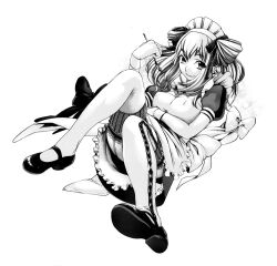  apron bow commentary_request female garter_straps greyscale hair_ribbon hairbow long_hair maid maid_headdress mary_janes monochrome musha_sabu original photoshop_(medium) ribbon shoes smile solo spoon thighhighs wrist_cuffs 