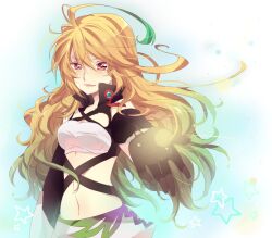  ahoge bad_id bad_pixiv_id black_gloves blonde_hair female gloves gradient_hair green_hair long_hair milla_maxwell multicolored_hair outstretched_hand red_eyes skirt smile solo star_(symbol) strapless streaked_hair tales_of_(series) tales_of_xillia touyama_soboro tube_top 