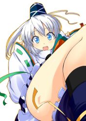  blue_eyes blush commentary_request female grey_hair hat japanese_clothes kariginu legs looking_at_viewer mononobe_no_futo open_mouth ponytail side_ponytail smile solo tate_eboshi thighs touhou uro_(urotanc) 