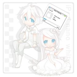  1boy apple_inc. aruya_(flosrota) blue_eyes chibi choker commentary_request digital_media_player female ipod personification photoshop_(medium) product_girl sitting smile white_hair 