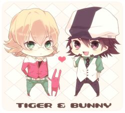  2boys bad_id bad_pixiv_id barnaby_brooks_jr. belt blonde_hair boots brown_eyes brown_hair cabbie_hat chibi facial_hair glasses green_eyes hat heart jacket jewelry kaburagi_t._kotetsu male_focus moco multiple_boys necklace necktie red_jacket stubble studded_belt stuffed_animal stuffed_rabbit stuffed_toy tiger_&amp;_bunny vest waistcoat waving 