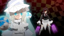  2girls blue_eyes brooch capelet checkered_background claws commentary_request dress eyepatch grin hat jewelry kure_kirika kuro_chairo_no_neko long_sleeves magical_girl mahou_shoujo_madoka_magica mahou_shoujo_oriko_magica mikuni_oriko multiple_girls orb sleeves_past_wrists smile thighhighs veil white_hair white_legwear yellow_eyes 