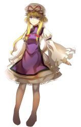  bad_id bad_pixiv_id blonde_hair dress female full_body hat highres long_hair long_sleeves looking_at_viewer mob_cap no_shoes purple_eyes purple_tabard ribbon rifsom sidelocks simple_background solo tabard touhou white_background white_dress wide_sleeves yakumo_yukari 