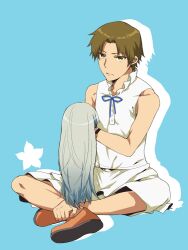  1boy ano_hi_mita_hana_no_namae_wo_bokutachi_wa_mada_shiranai. brown_hair commentary_request crossdressing dress grey_hair honma_meiko long_hair male_focus matsuyuki_atsumu mitsuru_(mitsu5) ribbon simple_background sleeveless sleeveless_dress solo spoilers wig 