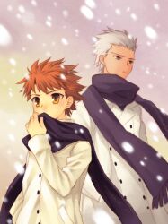  2boys archer_(fate) bad_id bad_pixiv_id coat covering_own_mouth dark-skinned_male dark_skin emiya_shirou fate/stay_night fate_(series) grey_eyes kotarou_(raincoat) male_focus multiple_boys scarf snowing white_hair winter_clothes yellow_eyes 