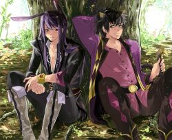  2boys animal_ears bad_id bad_pixiv_id belt black_eyes black_hair boots bracelet cat_ears cat_tail coat extra_ears frown green_eyes grey_footwear hyura1004 jewelry kemonomimi_mode knee_boots long_hair male_focus messy_hair multiple_boys outdoors pants photoshop_(medium) rabbit_ears raven_(tales) sitting smile tail tales_of_(series) tales_of_vesperia tree yuri_lowell 