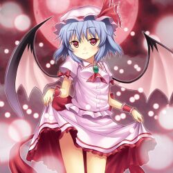  ascot bad_id bad_pixiv_id bat_wings blue_hair blush bow brooch curtsey danmaku dress female full_moon hat highres jewelry large_wings moon rasahan red_eyes red_moon remilia_scarlet ribbon short_hair skirt skirt_hold smile solo touhou wings wrist_cuffs 