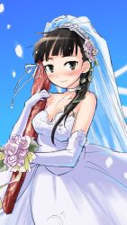  bare_shoulders black_eyes black_hair blush bouquet choker commentary_request day dress elbow_gloves female flower gloves highres holding long_hair looking_at_viewer mozu_(peth) photoshop_(medium) sakamoto_mio sky smile solo strike_witches veil wedding_dress world_witches_series 