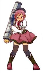  angry arm_warmers boots bow commentary_request cosplay female full_body magical_girl mahou_shoujo_madoka_magica mahou_shoujo_madoka_magica_(anime) nd nichijou parody photoshop_(medium) pink_eyes pink_hair rocket_launcher short_hair simple_background skirt solo striped_clothes striped_thighhighs sun_symbol tachibana_misato thighhighs tomoe_mami tomoe_mami_(cosplay) tomoe_mami_(magical_girl) vertical-striped_clothes vertical-striped_thighhighs weapon white_arm_warmers 