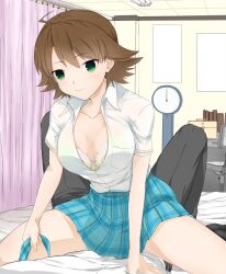  ahoge awakened_miki bad_id bad_pixiv_id bra brown_hair collarbone cowgirl_position female green_eyes hoshii_miki idolmaster idolmaster_(classic) lingerie minatsuki_randoseru open_clothes open_shirt plaid plaid_skirt rough_time_school_(idolmaster) shirt short_hair skirt solo straddling underwear 