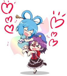  &gt;_&lt; 2girls beret blue_dress blue_hair blush chibi closed_eyes commentary_request dress hair_ornament hair_rings hair_stick hand_on_another&#039;s_head hat hat_ornament heart jiangshi kaku_seiga massala miyako_yoshika multiple_girls ofuda open_mouth outstretched_arms purple_hair smile star_(symbol) star_hat_ornament touhou vest zombie_pose 