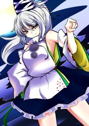  armpits bare_shoulders breasts commentary_request detached_sleeves female grey_eyes grey_hair hat highres japanese_clothes medium_breasts mononobe_no_futo no_bra ponytail roki_(hirokix) sideboob skirt smile solo tate_eboshi touhou 