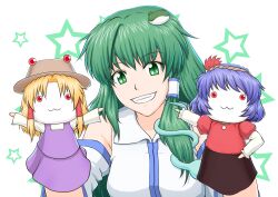  :3 absurdres blonde_hair character_doll commentary_request detached_sleeves dress female frog frog_hair_ornament green_eyes green_hair grin hair_ornament hair_tubes hand_puppet hat highres kochiya_sanae kyuubee long_hair mahou_shoujo_madoka_magica mahou_shoujo_madoka_magica_(anime) moriya_suwako nazal outstretched_arm outstretched_arms photoshop_(medium) puppet purple_hair red_eyes smile snake solo star_(symbol) touhou upper_body yasaka_kanako 