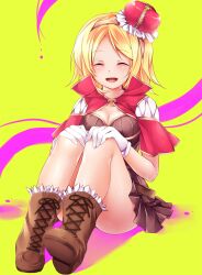  :d ^_^ bad_id bad_pixiv_id blonde_hair blush boots breasts capelet cleavage closed_eyes commentary_request creator_(ragnarok_online) crown female gloves hairband medium_breasts mini_crown open_mouth ragnarok_online short_hair sitting smile solo sorai_shin&#039;ya 