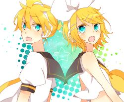  1boy bad_id bad_pixiv_id blonde_hair blue_eyes blush bow_hairband brother_and_sister cropped_shirt female hairband headphones highres kagamine_len kagamine_rin kawahara_chisato looking_at_viewer looking_to_the_side neckerchief school_uniform serafuku shirt short_hair short_ponytail short_sleeves siblings sleeveless sleeveless_shirt star_(symbol) twins upper_body vocaloid yellow_neckerchief 