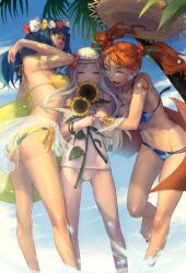  3girls ^_^ adjusting_hair anjou_naruko ano_hi_mita_hana_no_namae_wo_bokutachi_wa_mada_shiranai. arm_strap armlet ass barefoot bikini blue_bikini blue_eyes blue_hair bracelet breasts closed_eyes commentary_request day flower glasses groin hair_flower hair_ornament hat head_wreath hibiscus honma_meiko jewelry legs liduke long_hair long_legs lowleg lowleg_bikini medium_breasts megatama multiple_girls navel necklace one-piece_swimsuit open_mouth orange_hair outdoors over-rim_eyewear photoshop_(medium) red-framed_eyewear ring sarong school_swimsuit see-through see-through_sarong semi-rimless_eyewear side-tie_bikini_bottom sideboob sky smile standing standing_on_one_leg straw_hat sunflower swimsuit thighs tsurumi_chiriko twintails water white_one-piece_swimsuit white_sarong yellow_bikini 