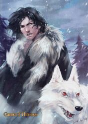  1boy a_song_of_ice_and_fire black_hair breath commentary_request ghost_(a_song_of_ice_and_fire) jon_snow male_focus photoshop_(medium) snow wolf yunvshen 