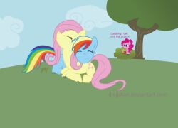  better_version_at_source blue_body blue_fur bush_(disambiguation) cloud crossover cuddling dialogue diegotan dt equid equine female feral fluttershy_(mlp) food friendship_is_magic fur hasbro horse hug mammal my_little_pony pink_body pink_fur pinkie_pie_(mlp) plant pony popcorn rainbow_dash_(mlp) sky text tree wood 