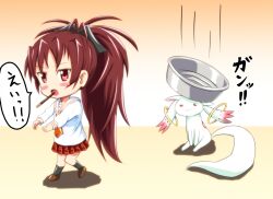  :o basin blush_stickers chibi commentary_request cosplay diesel-turbo falling_basin female food kyuubee long_hair mahou_shoujo_madoka_magica mahou_shoujo_madoka_magica_(anime) morishita_koyomi morishita_koyomi_(cosplay) nonaka_ai oerba_yun_fang pocky prank red_eyes red_hair sakura_kyoko school_uniform serafuku solo_focus voice_actor_connection yoku_wakaru_gendai_mahou 