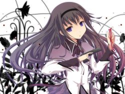  akemi_homura akemi_homura_(magical_girl) black_hair commentary_request female glasses gun hairband holding holding_gun holding_removed_eyewear holding_weapon koumei_(harmonizer) long_hair magical_girl mahou_shoujo_madoka_magica mahou_shoujo_madoka_magica_(anime) photoshop_(medium) pleated_skirt purple_eyes red-framed_eyewear skirt solo trigger_discipline unworn_eyewear weapon 