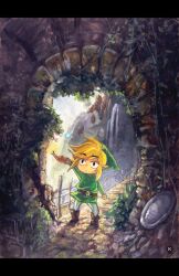  1boy arch belt black_eyes blonde_hair boots bridge ciela commentary_request fairy fundoshi_(tofupoid) hat lamp letterboxed link male_focus mountain nature oil_lamp open_mouth plant pointy_ears the_legend_of_zelda the_legend_of_zelda:_phantom_hourglass the_legend_of_zelda:_the_wind_waker toon_link tunic vines water waterfall wind 