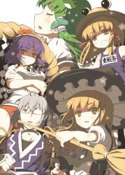  1boy 4girls alternate_costume bad_id bad_pixiv_id blonde_hair breasts broom buruma cover_image crossed_arms dress frog frog_hair_ornament glasses green_hair grey_hair gym_uniform hair_ornament hair_ribbon hat kirisame_marisa kochiya_sanae long_hair medium_breasts morichika_rinnosuke moriya_suwako multiple_girls one-piece_swimsuit ooide_chousuke open_mouth photoshop_(medium) purple_hair red_eyes ribbon rope school_swimsuit shimenawa short_hair smile snake swimsuit tears touhou witch_hat yasaka_kanako yellow_eyes 