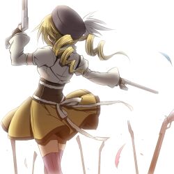  beret blonde_hair brown_thighhighs commentary_request corset detached_sleeves drill_hair dual_wielding female field_of_blades fingerless_gloves from_behind gloves gun hair_ornament hairpin hat holding magical_girl magical_musket mahou_shoujo_madoka_magica mahou_shoujo_madoka_magica_(anime) multiple_weapons photoshop_(medium) planted planted_gun pleated_skirt puffy_sleeves ribbon rifle ruo_(cruzada) simple_background skirt solo striped_clothes striped_thighhighs thighhighs tomoe_mami tomoe_mami_(magical_girl) twin_drills twintails vertical-striped_clothes vertical-striped_thighhighs weapon white_background zettai_ryouiki 