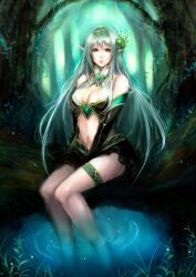  aqua_hairband bad_id bad_pixiv_id between_legs breasts cleavage elbow_gloves female forest gloves grey_hair hair_ornament hairband hand_between_legs jewelry long_hair medium_breasts midriff nature navel necklace original pointy_ears ripples sasaki_ryou sitting soaking_feet solo thigh_strap tree water yellow_eyes 