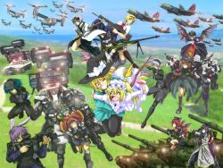  1990s_(style) 6+girls aircraft alice_margatroid animal_ears assault_rifle ballistic_shield bat_wings battle_rifle blonde_hair blue_eyes blue_hair car caterpillar_tracks claws commentary_request dress fangs flandre_scarlet fn_fal green_hair grey_hair gun h&amp;k_g36 hakurei_reimu hat hong_meiling howa_type_64 howa_type_89 izayoi_sakuya japanese_clothes junkei kawashiro_nitori kirisame_marisa knife koakuma konpaku_youmu long_hair lupin_iii m4_carbine machine_gun military military_uniform military_vehicle motor_vehicle multiple_girls one_eye_closed onozuka_komachi outstretched_arms patchouli_knowledge pkm police police_car purple_eyes rabbit_ears red_eyes red_hair reisen_udongein_inaba remilia_scarlet retro_artstyle rifle shield shiki_eiki short_hair side_ponytail smile sniper_rifle sword tank tiltrotor touhou two_side_up uniform v-22_osprey vehicle_request weapon wedding_dress wings witch_hat 