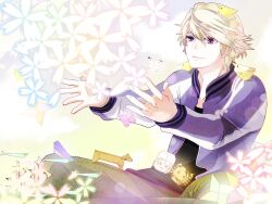  1boy bird blonde_hair bug butterfly commentary_request ivan_karelin jacket kuro_haruka_8 letterman_jacket male_focus origami paper photoshop_(medium) purple_eyes purple_jacket rabbit solo tiger tiger_&amp;_bunny 