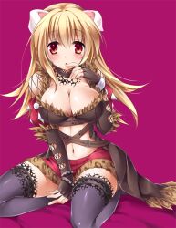  :o alternate_color animal_ears bad_id bad_pixiv_id belt black_thighhighs blonde_hair blush bracelet breasts cleavage commentary_request elbow_gloves female finger_to_mouth fingerless_gloves fishnets gloves jewelry large_breasts legs long_hair looking_at_viewer navel orange_eyes ragnarok_online shadow_chaser_(ragnarok_online) simple_background sitting solo sorai_shin&#039;ya thighhighs thighs wariza yellow_eyes 