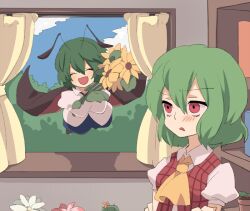  2girls annoyed antennae ascot bad_id bad_pixiv_id blush bouquet cape closed_eyes dress flower green_hair kazami_yuuka konbu_ame multiple_girls open_mouth plaid plaid_vest red_eyes short_hair smile touhou vest window wriggle_nightbug 