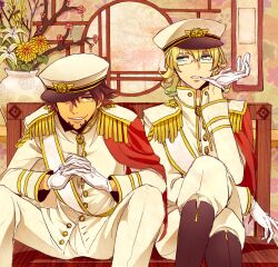  2boys aiguillette aqua_eyes bad_id bad_pixiv_id barnaby_brooks_jr. biting blonde_hair boots brown_eyes brown_hair capelet crossed_legs epaulettes facial_hair flower glasses glove_biting gloves hat highres kaburagi_t._kotetsu male_focus military military_uniform multiple_boys sash shivue sitting stubble tiger_&amp;_bunny uniform white_gloves 