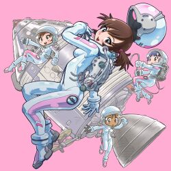  4girls bodysuit brown_eyes brown_hair center_opening commentary_request dual_persona helmet kiichi miura_akane_(rocket_girls) morita_matsuri morita_yukari multiple_girls pink_background rocket_girls simple_background skin_tight spacecraft spacesuit twintails white_bodysuit zero_gravity 