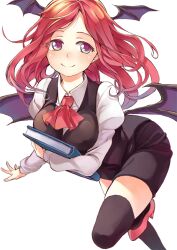  ascot ayasugi_tsubaki bat_wings black_thighhighs book breasts commentary_request female green_eyes head_wings high_heels holding holding_book koakuma long_hair long_sleeves medium_breasts pencil_skirt photoshop_(medium) red_hair shoes skirt smile solo thighhighs touhou uniform vest wings zettai_ryouiki 