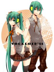  1boy commentary_request dual_persona female genderswap_(ftm) green_eyes green_hair hair_ribbon hatsune_miku hatsune_mikuo headphones highres locked_arms long_hair noka_(blackheart1118) ribbon rule_63 skirt thighhighs twintails very_long_hair vocaloid 