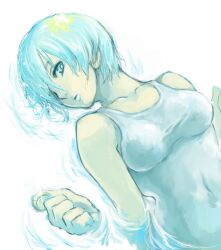  afloat blue_eyes blue_hair breasts coin collarbone copyright_request female hair_over_one_eye hands medium_breasts short_hair shu-mai solo tank_top water 