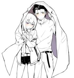  1boy belt blue_eyes coat commentary_request facial_hair female jacket lab_coat makise_kurisu misti monochrome necktie no_nose okabe_rintarou pants photoshop_(medium) shared_clothes shared_coat shirt shorts side-by-side simple_background spot_color steins;gate stubble unworn_coat white_background yellow_eyes 